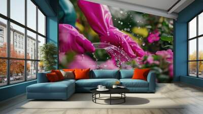 Close up of flowers being watered by female hands in pink gloves Wall mural