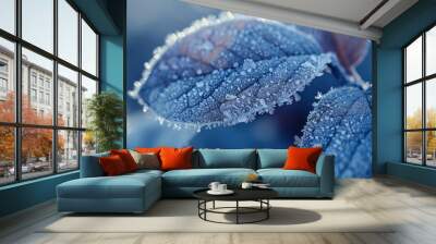 Close up of ice crystals on two blueberry leaves Wall mural