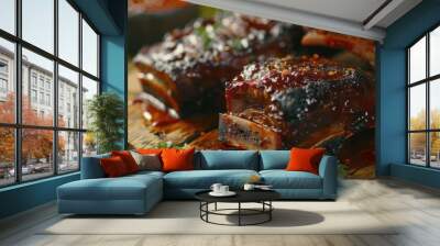 Close up of marinated chuck short beef ribs with spicy rub and hot chili sauce on a rustic board Wall mural