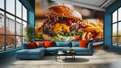 Close up of mouthwatering cheeseburger with melted cheese crispy shoestring fries applewood smoked bacon fresh lettuce and tangy ketchup on a brioche bun presented on a white plate with a b Wall mural