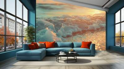 Close up of ocean waves on the beach horizon Panoramic view of the beach landscape Tropical paradise with a summer seascape Vibrant sunset sky gentle sand peaceful tranquility and relaxing Wall mural