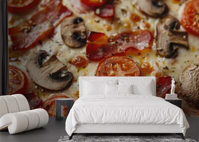 Close up of pizza with bacon ham mushrooms tomatoes and cheese Wall mural