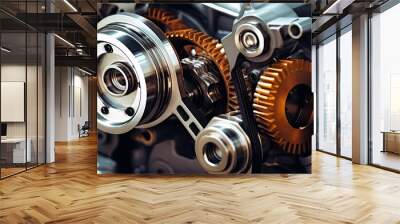 Close up of two pistons in cylinder with four valves in a modern engine with gears nearby Wall mural