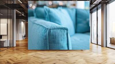 Close up photograph of a light blue fabric sofa in a furniture showroom Wall mural