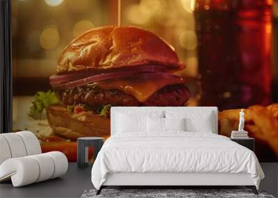 Close up shots of a delectable cheeseburger and sweet potato fries Wall mural