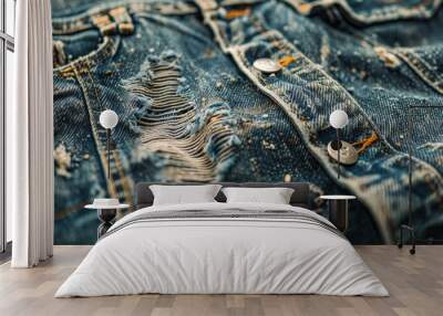 Close up view of distressed vintage denim jeans Wall mural