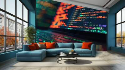 Code for hacking displayed on laptop screen. Wall mural