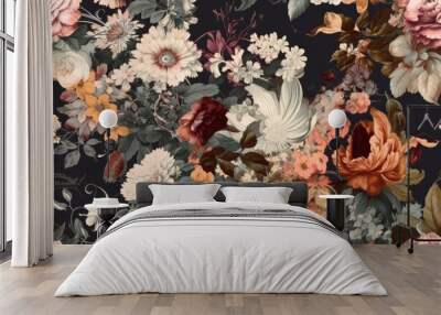 colorful floral wallpaper pattern with various flowers and green leaves. Generative AI Wall mural