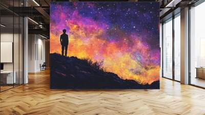 colorful night sky with jupiter silhouette and top wall Wall mural