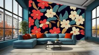 Colorful seamless embroidery border with bright flowers and leaves. Floral embroidered pattern on black background. Fashion print. Wall mural