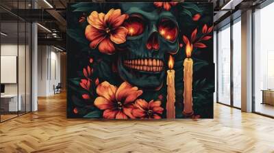 Colorful skull with flowers and candles on dark background with space for text Wall mural