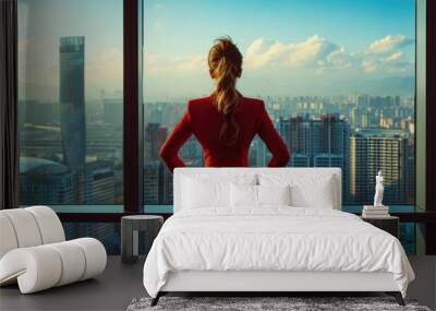 Confident female CEO managing company's investment strategy, wearing red suit in office, overseeing city view. Wall mural