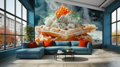 Cooking dish with waffles cottage cheese cream and red salmon caviar Wall mural