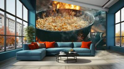 Cooking pilaf over an open flame in a cast iron cauldron Wall mural