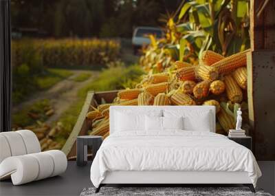 Corn ears laid out for transportation in a farmer s truck Wall mural