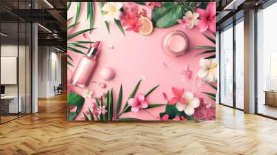 Cosmetic product presentation with spring theme and tropical elements Wall mural