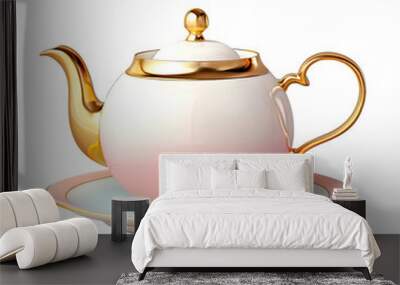 Create an elegant teapot set with traditional design including a colorful white and gold cup placed on a plate next to a hot teapot The drinkware is isolated on a transparent background Wall mural