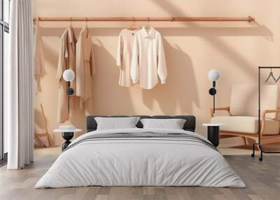 Creative minimalist lifestyle of pastel beige and white clothes hanging outdoors on a rack and chair suitable for social media shopping stores and studios Wall mural