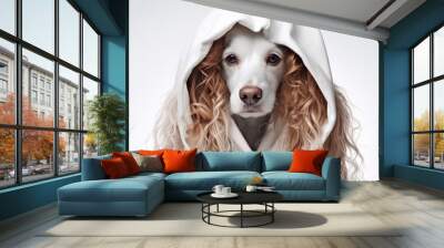 Curly haired dog under drying hood at hairdressers isolated on white Wall mural