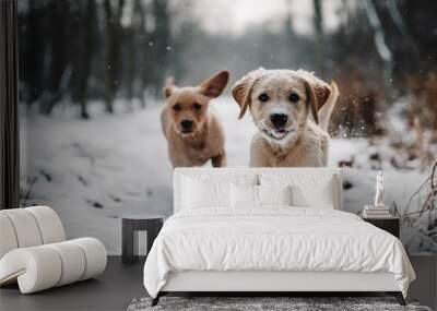 Cute puppy sprints vertically ahead of large dogs in the snow. Generative AI Wall mural