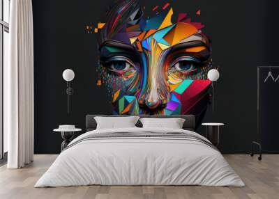 Dark background with a digitally abstracted human face. Slices of a futuristic face in various colors. Artificial intelligence, the metaverse AI theory. Generative AI Wall mural