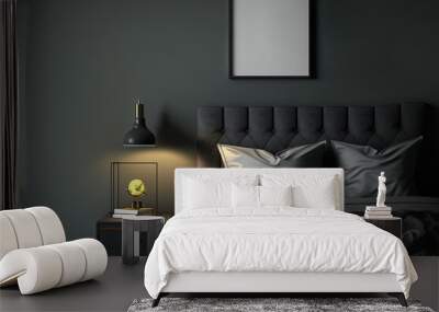 Dark bedroom decor, a bed with two cushions and grey sheets, and a floating nightstand with decor and books. mock up photo frame with copy space on a gray wall. Generative AI Wall mural