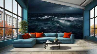 Dark ocean storm at night with lighting and waves. Generative AI Wall mural