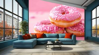 Delicious donuts set against a pretty pink backdrop to celebrate National Donut Day Wall mural