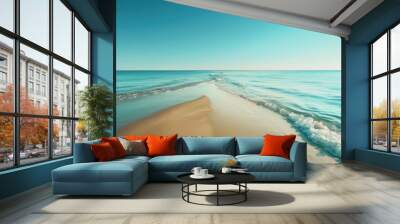 Desolate beach with clear blue sky and serene waters Smooth sand horizon and parallel calm sea Wall mural