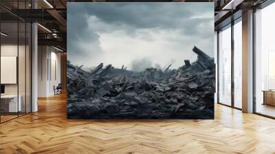 Destroyed building debris scattered against gray sky background. Wall mural