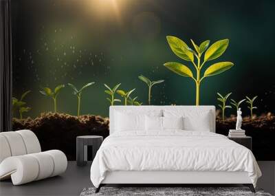 Digital graphs help seedlings grow in rich soil representing business concepts like growth profit development and success Wall mural