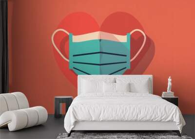 Discover a stylish 2d illustration featuring a vibrant medical mask icon and a trendy heart icon in a sleek flat design Wall mural