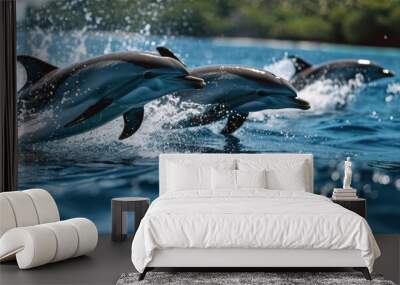 Dolphins leaping and diving in Raja Ampat's blue ocean. Wall mural