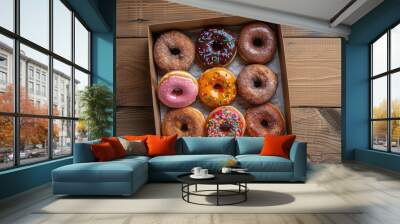 Donuts arranged in a box placed on a wooden table Wall mural