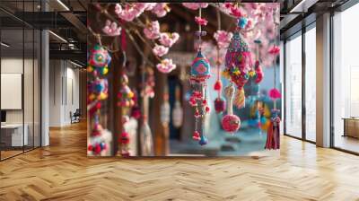 during the baba marta holiday the cherry blossom tree is adorned with the vibrant bulgarian traditio Wall mural