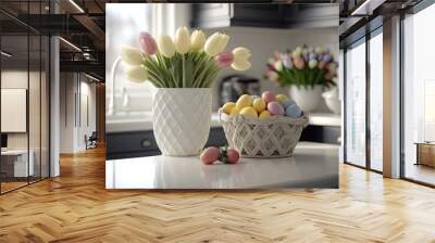 Easter egg basket and tulip vase on kitchen counter in spacious space. Generative AI Wall mural