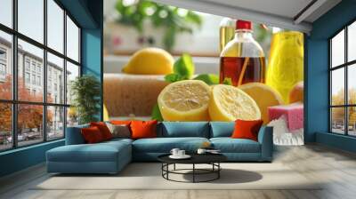 Eco friendly cleaning supplies sponges lemons apple vinegar citric acid and soda on a white surface Wall mural