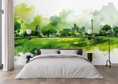 Eco friendly planet illustration with green factory tree and watercolor stains on white Think Green Ecology Concept Wall mural