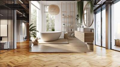 Elegant bathroom with white and beige walls, white basin with oval mirror, bathtub, shower, plants, and dark parquet floor. Modern minimalist bathroom. Generative AI Wall mural