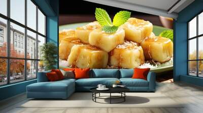 Es Pisang Ijo is a traditional Indonesian dessert made with rolled banana and a mixture of wheat flour, rice flour, and coconut milk, served with pureed fruit and syrup. Wall mural