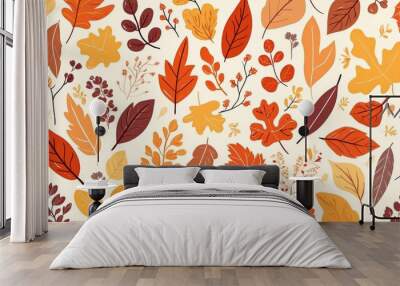 explore the captivating autumn vibes with this pattern featuring fall leaves in black flat and outli Wall mural