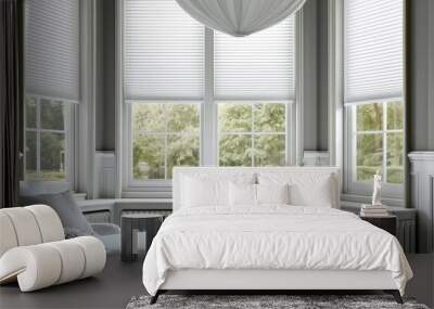 Extra large pleated blinds in white, featuring a 50mm fold, showcased in the window opening. Contemporary top down bottom up privacy shades for apartment windows. Wall mural