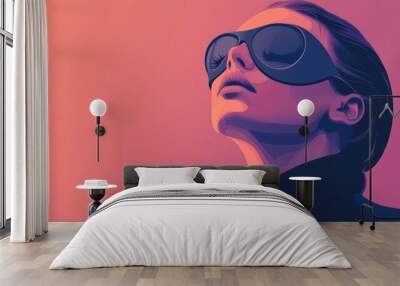 Fashionable woman wearing a stylish masquerade mask in a minimal isometric design Wall mural