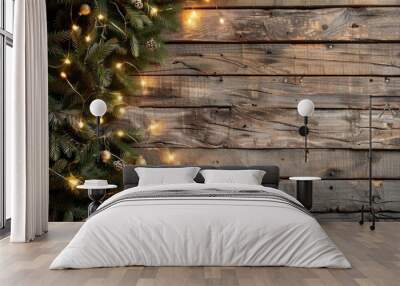 Festive Winter Decor with Evergreen Tree and String Lights on Vintage Wood Background Festive Season or New Year Celebration Idea Wall mural