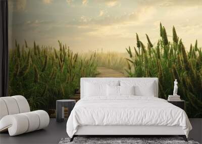 Field of Sunn Hemp with a Wooden Bridge Wall mural