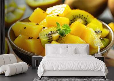 Fresh golden kiwifruit chunks in a bowl Healthy and delicious kiwi fruit salad snack Wall mural