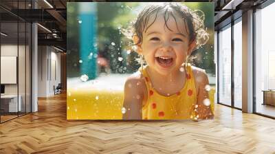 Funny Caucasian girl playing on splash pad playground, a summer water activity for kids outdoor. Wall mural