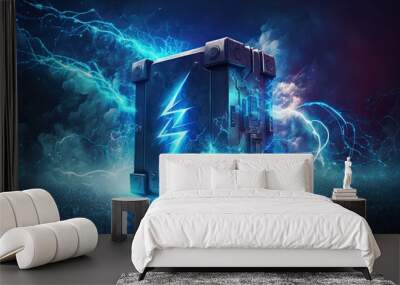 Future looking alternative energy technology concept with a digital lithium ion rechargeable battery symbol and a high voltage charging energy storage icon with bright blue neon lightning particles Wall mural