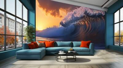 Giant wave crashing at sunset on the shore. Wall mural