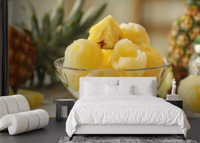 Glass bowl of pineapple sorbet balls with yellow pineapple slices a refreshing summer treat Wall mural